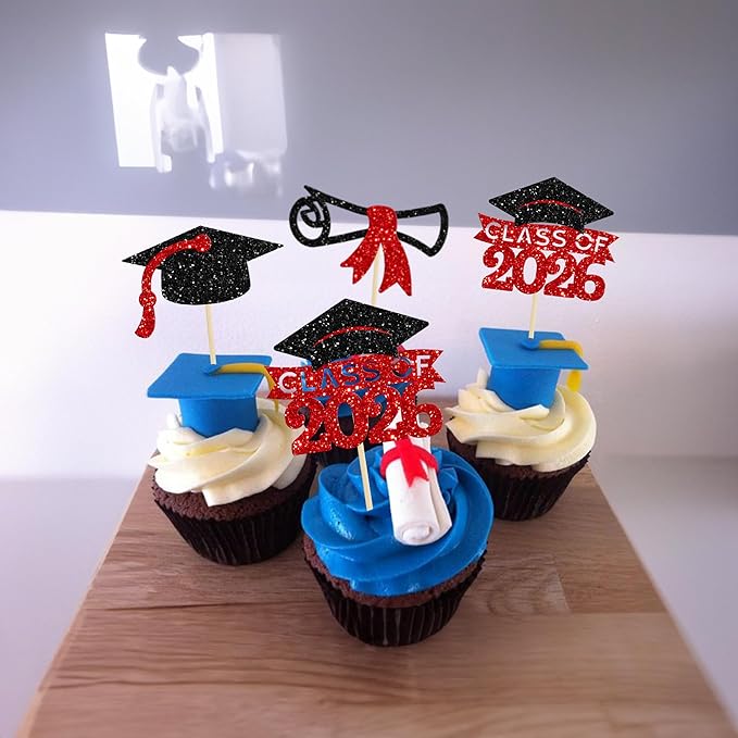 Gyufise 24Pcs 2026 Graduation Theme Cupcake Toppers Glitter Diploma Graduation Cap Cupcake Picks Class of 2026 Cake Decorations for 2026 Grad Theme Party Supplies Black Red