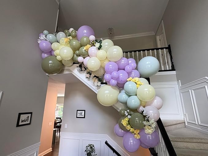 Purple Green Pink Yellow Balloons, 60Pcs 12 Inch Pastel Balloons Include Sage green Pastel Purple Pink Yellow Light Green balloons for Wildflower Baby Shower Wedding Birthday Party Decorations