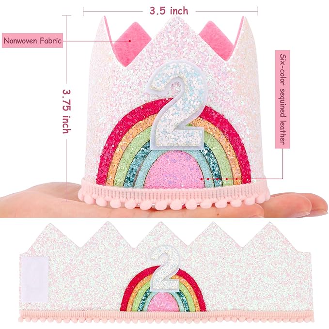 2nd Birthday Crown Princess Tiara, Rainbow Hat Headband - Birthday Gift Decorations and Accessories for Two Year Old Girl's Party