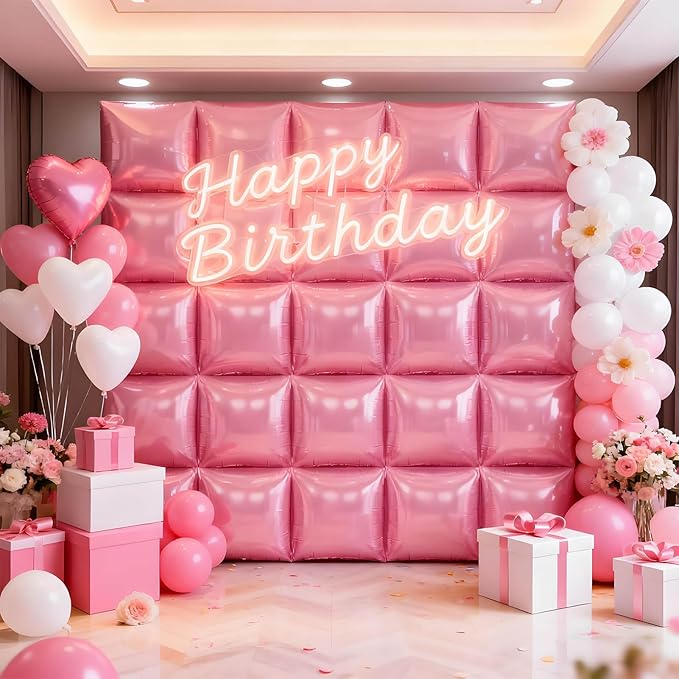 36Pcs Pink Square Foil Balloons Wall Backdrop, Double Sided Metallic Foil Balloons Tunnel Arch Garland Kit for Photo Booth Birthday Wedding Halloween Christmas Party Decorations