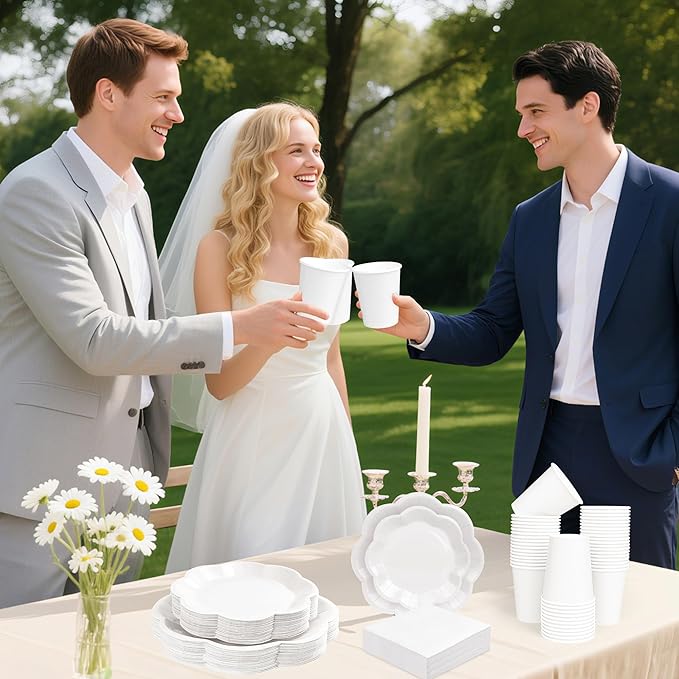 250 Pcs White Paper Plates and Napkins Tableware Set, White Party Supplies for 50 Guests Include Scalloped Paper Plate Napkins Cups for Baby Shower Wedding Bridal Shower Birthday