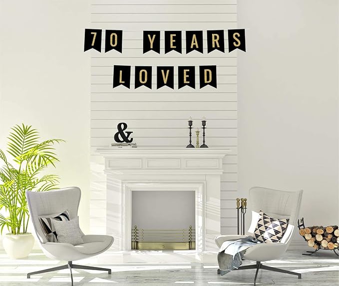 Andaz Press Faux Gold Glitter on Black Birthday Party Banner Decorations, 70 Years Loved, Approx 5-Feet, 1-Set, 70th Birthday Milestone Colored Hanging Pennant Decor