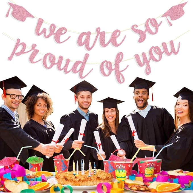 2026 Graduation Banners Party Decorations, Rose Gold Glitter We are So Proud of You Graduation Banners Garland for Congratulation Graduations Party Supplies, School, Home, Car Decorations