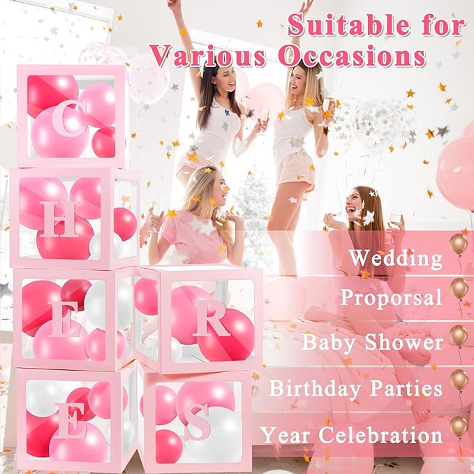 Ledido Transparent Balloon Boxes With 78 Letters Numbers, Pink Baby Boxes with Letters for Baby Shower Clear Letter Boxes for Party Wedding Birthday Baby Shower Grad Decorations 6 PCS