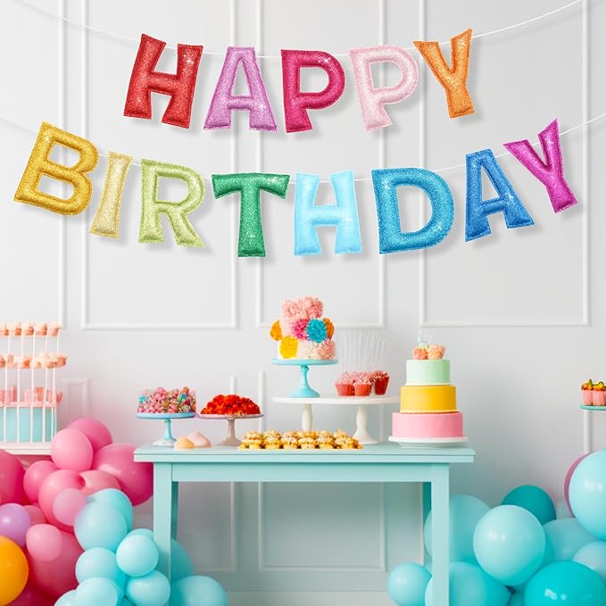 Tegeme Felt Happy Birthday Banner, Pre-strung Glitter Happy Birthday Garland Reusable Colorful Rainbow Decoration for Woman, Man Party Photo Prop(Classic,Yellow-green)