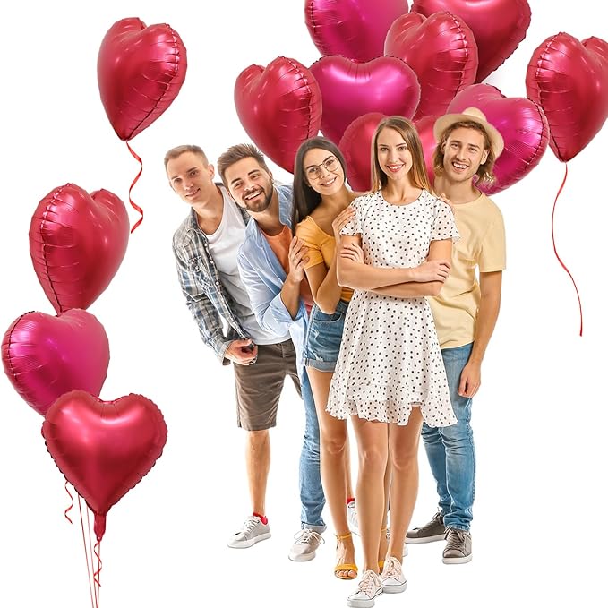 Red Heart Metallic Balloons, 20Pcs 18 Inch Hot Pink Foil Heart Balloons, Love Balloon for Valentines Day Decorations Galentines Balloon for Birthday Wedding Anniversary Party