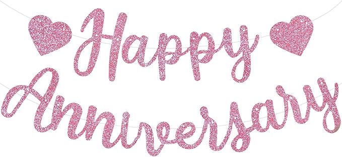 BEISHIDA Pink Happy Anniversary Banner, Pre-Strung - Glitter Happy Anniversary Banner,NO DIY - Glitter Garland Sign for Wedding Engagement Party Decorations & Decor