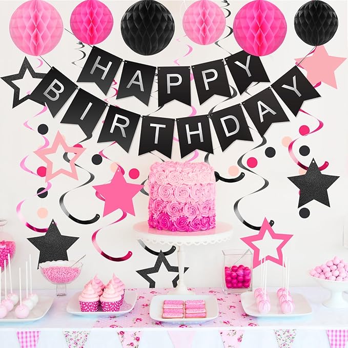 meowtastic Birthday Decorations, Happy Birthday Banner with Honeycomb Balls, Stars Hanging Swirl Streamers, Circle Dots Garland, Happy Birthday Party Decorations for Women Men Boys Girls (Black&Pink)