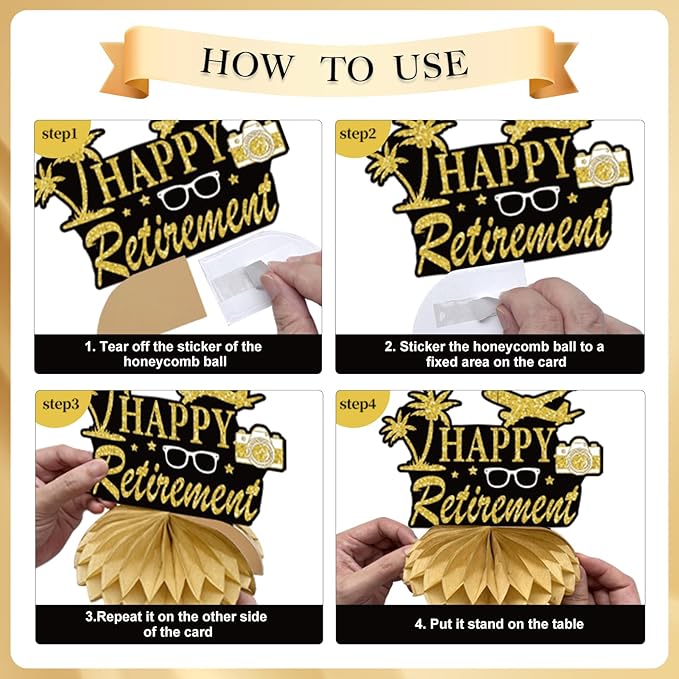 25Pcs Retirement Party Decorations for Men Women, Black Gold Happy Retirement Banner Balloons Party Supplies, The Legend Has Retired Farewell Theme Honeycomb Centerpiece Swirl Decor