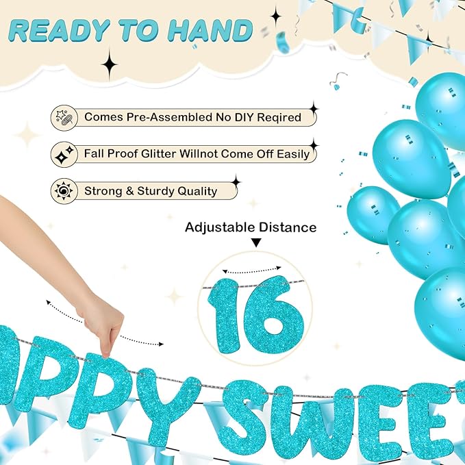 Fulmoon Pre Strung Happy Sweet 16 Banner Glitter Sixteenth Birthday Party Decorations 16th Party Sign Sweet 16 Party Decorations for Birthday Party Bachelorette Party(Sky Blue)