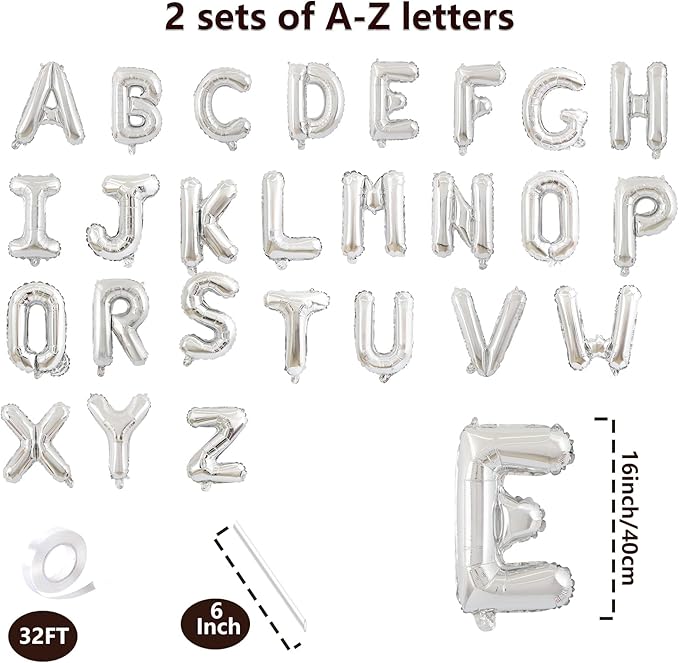 52 Pcs 2 Sets of 16 Inch “A-Z” Letter Balloons Set – Complete Alphabet Mylar Foil Balloons (Each Letter Includes 2 Balloons) for Birthday, Graduations, New Year, and Party Decorations (Silver)
