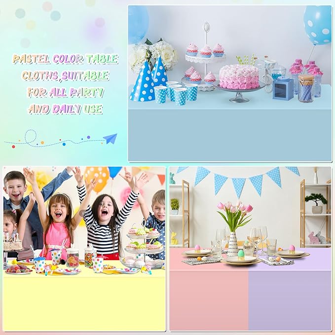 6Pcs Pastel Tablecloths, Rainbow Mix Color Plastic Tablecloth Disposable Rectangle Table Covers for Baby Shower,Bridal,Wedding, Easter,Birthday and Ice Cream Party Decoration, 54 x 108 Inch