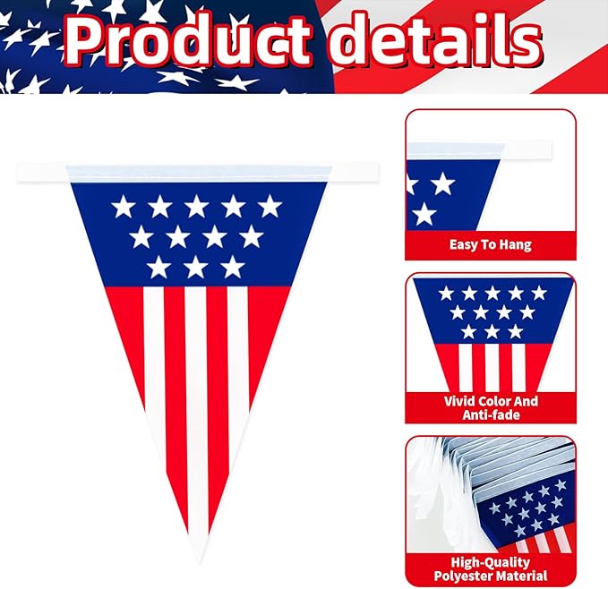 32.8 ft American Triangle Pennant Banner, 30 Pcs Mini USA Bunting Flags | Red, White, Blue Patriotic Flags for 4th of July, Independence Day, Memorial Day, Parades, Home, Yard, and Party Decorations