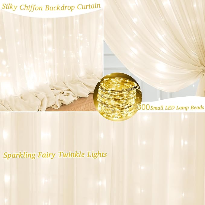 10ft x 10ft Ivory Chiffon Backdrop Curtain with Lights String for Parties,2 Panels Sheer Tulle Curtain Wedding Photo Backdrop with Lights for Baby Shower Birthday Party Ceremony Home Decorations