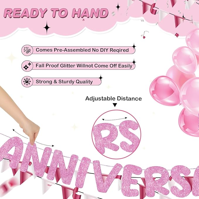 Fulmoon Happy Anniversary Banner Glitter Happy Anniversary Decorations Wedding Party Banner Romantic Decorations No DIY Pre-strung for Wedding Party Birthday Door(Pink)