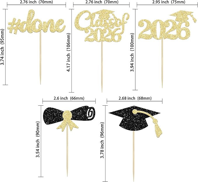 Gyufise 30Pcs 2026 Graduation Cupcake Toppers Gold and Black Glitter Class of 2026 Cake Graduation Done Cupcake Picks Grad Cap Diploma Cake Decorations for 2026 Graduation Theme Party Cake