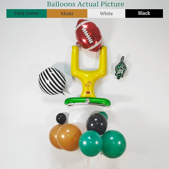140PCS Football Party Balloon Arch Kit – Game Day Decorations with Football Foil Balloons, Referee Stripe Balloons, #1 Hand Balloons & Field Goal Post, Green Brown Black Balloon Garland