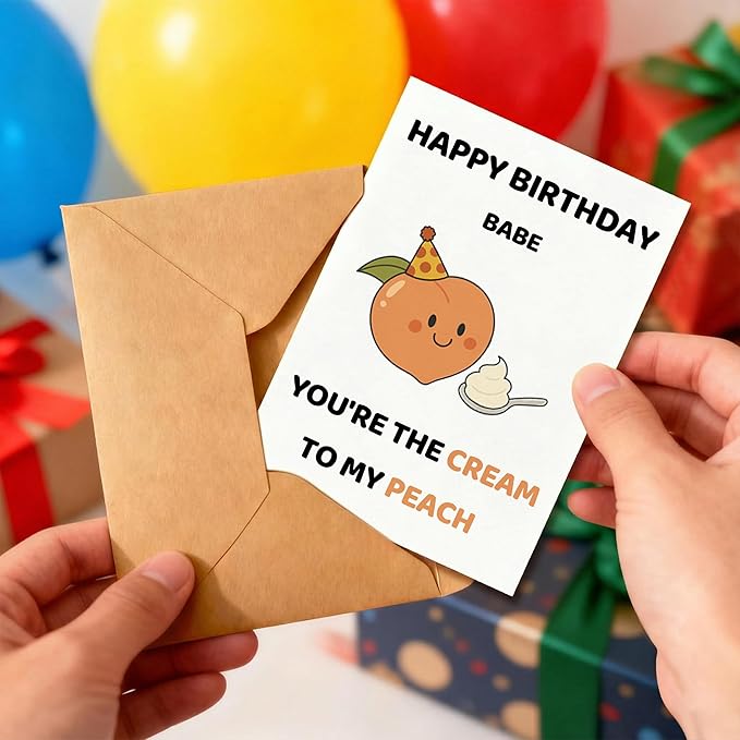 KINGNAME Cute Funny Birthday Card for Him Her, Peach and Cream Pun, Romantic Pun Card for Couple Partner, Cute Fruit Greeting Card