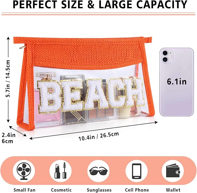 Beach Pouch Sunscreen Clear Makeup Bag Chenille Letter Beach Cosmetic Pouch Summer Essential Cute Toiletry Pouch Travel Accessories Gifts for Women