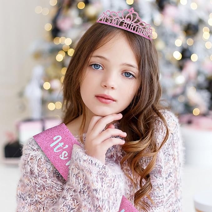 CAVETEE Birthday Crowns for Women - Its My Birthday Sash and Crown Set for Adult Women - Party Decorations and Gifts (Pink)