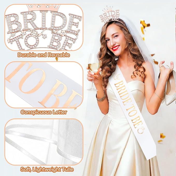 Bride To Be Accessories Set – Rhinestone Tiara Headband, Bride To Be Sash & Veil | Bachelorette Party Supplies, Bridal Shower Decorations, Bride Sash and Veil Set, Bride Accessories
