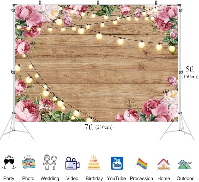 Rustic Wood Floral Birthday Backdrop Spring Pink Flower Wood Glitter Happy Birthday Photography Background Women Girl Newborn Kids Adult Birthday Party Wedding Decoration Photo Shoot Props 7x5FT