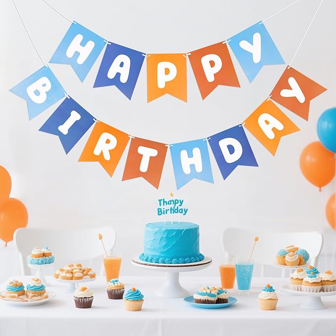 Blue and Orange Happy Birthday Banner Birthday Party Banner NO DIY Happy Birthday Sign Pre-Strung Birthday Decorations for Women Men Girl Boy Party Supplies (Blue and Orange)