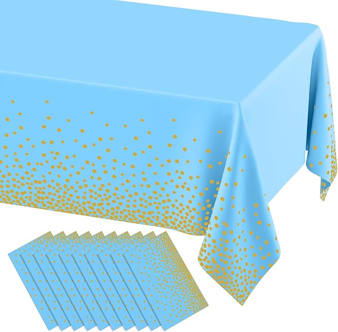 misaya 10 Packs Dot Disposable Table Cloth, 54 x 108 Inch Waterproof Plastic Tablecloth, Rectangle Gold Dots in Light Blue Table Covers for Easter, Picnic, Birthday, Party