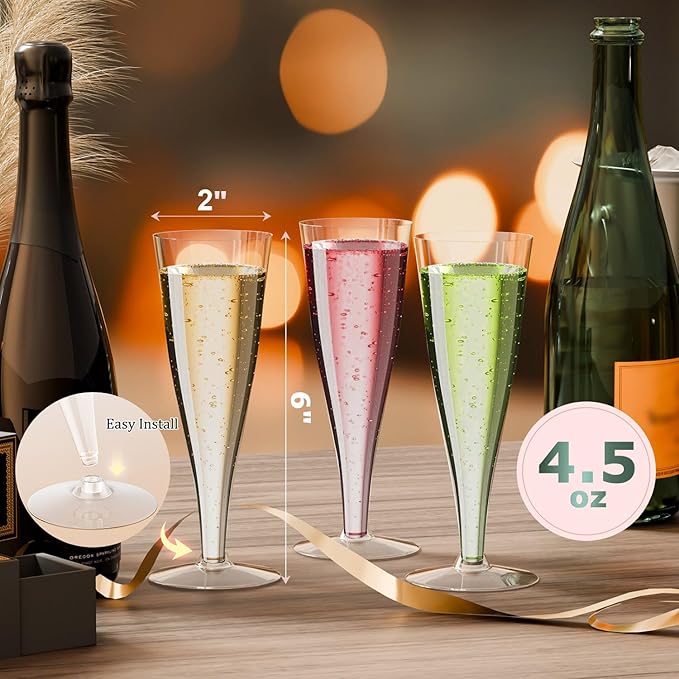 100 Pack Plastic Champagne Flutes Disposable Wine Glasses, 4.5 Oz Clear Mimosa Glasses Bulk Cocktail Toasting Cups for Women's Day Party Supplies Wedding, Copas De Plastico Para Brindis