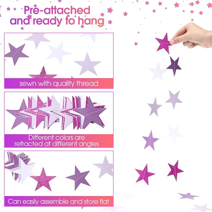Patelai Glitter Star Garland Banner 2026 Graduation Decor 130 Feet Star Hanging Banner Twinkle Backdrop for Party Birthday Classroom Wedding Supplies(Purple,White)