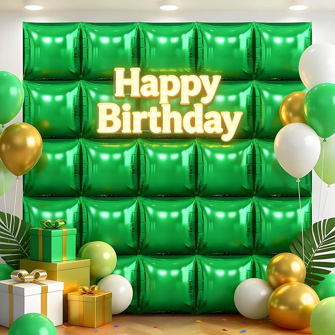 36Pcs Green Square Foil Balloons Wall Backdrop, Double Sided Metallic Foil Balloons Tunnel Arch Garland Kit for Photo Booth Birthday Wedding Halloween Christmas Party Decorations