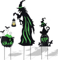 Prsildan Halloween Decorations Outdoor - 3 Pack Metal Witch Yard Stakes with Solar Lantern & Glow in The Dark Cauldron + Tombstone, Lighted Witches Silhouette Decor for Porch Garden Lawn Cemetery