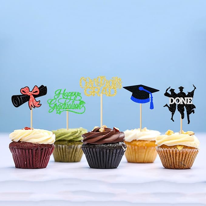 24 Pack 2026 Congrats Grad Cupcake Toppers Set, Glitter Graduation Cupcake Decor, Class of 2026 Cupcake Picks for Senior High School College Grad Party Decorations(Black with Royal Blue) B