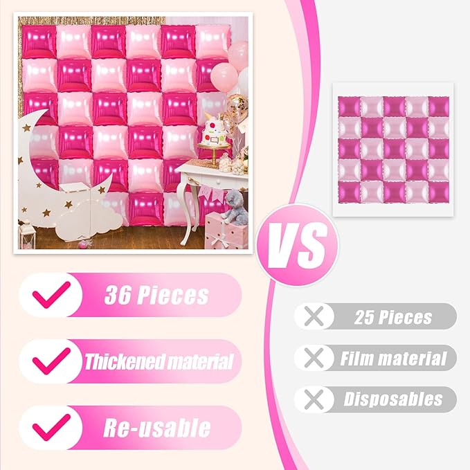 36 Pcs Hot Pink Double Sided Square Foil Balloon Wall Backdrop Metallic Pink Balloons Backdrop Tunnel Arch Kit Mylar Square Balloons for Bachelorette Engagement Wedding Birthday Party Decorations