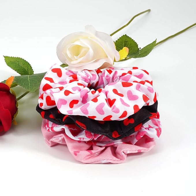 Valentines Hair Scrunchies Red Heart XOXO Hair Ties for Women Girls Elastics Ponytail Holder Valentine‘s Day Hair Tie Love Hair Ropes Valentines Hair Accessories Hair Decoration