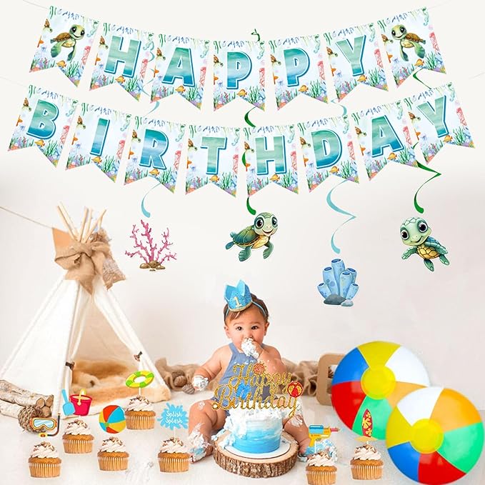 Zwiebeco Sea Turtle Happy Birthday Party Decoration Banner Bunting Garland Hanging Paper Swirls Kit for Ocean Animals Marine Organism Themed Boys Girls Kids Baby Shower Accessories Supplies