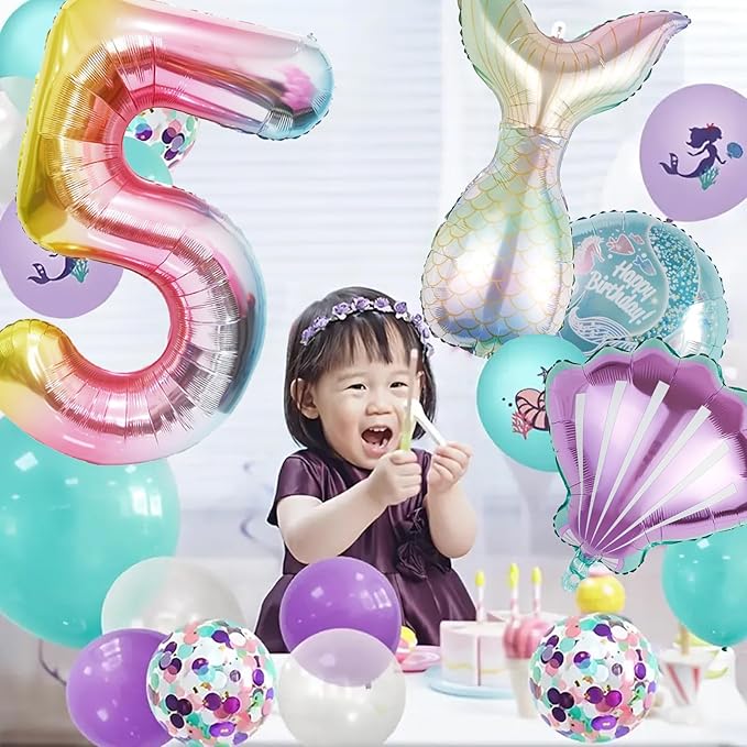 Mermaid Birthday Decorations Mermaid Balloons - Number 5 Balloons for Girls Under The Sea Mermaid Theme Baby Shower Birthday Favors