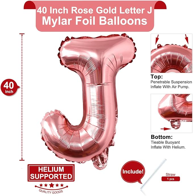 Lovoir 40 Inch Large Rose Gold Letter J Balloons Big Size Jumbo Mylar Foil Helium Balloon for Birthday Party Celebration Decorations Alphabet Rose Gold J