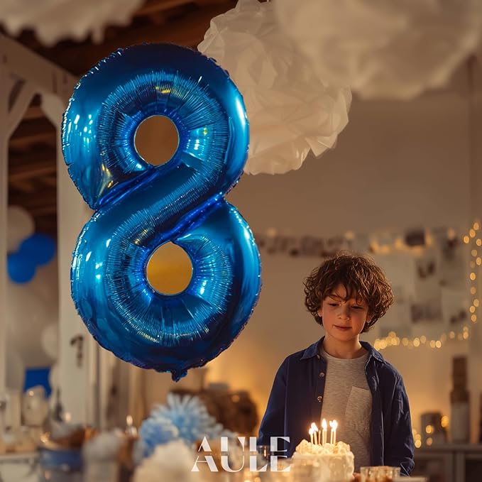 AULE 40 Inch Large 8 Balloon Numbers Blue, Big Foil Number Balloons, Giant Helium Happy Birthday Party Decorations for Man and Women, Huge Mylar Anniversary Party Supplies