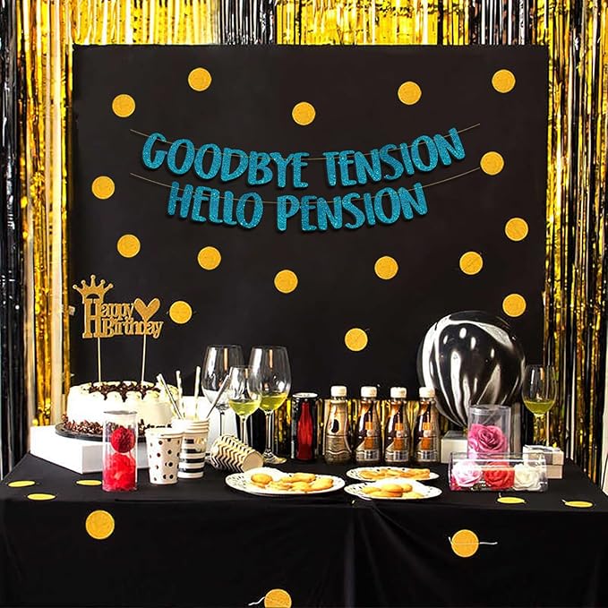 Pre-Strung Goodbye Tension Hello Pension Teal Glitter Banner - Funny Retirement Decorations for Men and Women - Retirement Party Supplies and Gifts