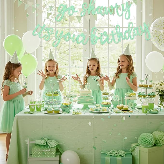 BEISHIDA Go Shawty It's Your Birthday Banner NO DIY Hip Hop Theme Happy Birthday Banner Pre-Strung Rap Theme Happy Birthday Sign for Man Women birthday Party Supply Glitter Light Green