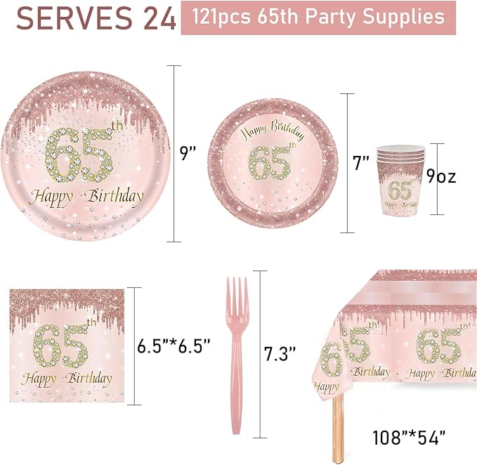 121Pcs 65th Birthday Party Supplies Plates Napkins Cups Forks Tablecloth Rose Gold Happy 65th Birthday Themed Disposable Tableware Decorations Serves 24 Guests for Women Ladies 65 Years Old Birthday