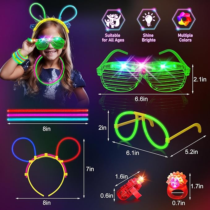 Glow in the Dark Supplies for Kids Adults, Light Up Party Favors, 56 LED Light Up Toys, 100 Glow Sticks Bulk Party Pack DIY Glasses Headbands Necklaces for Neon Party Supplies & Decorations