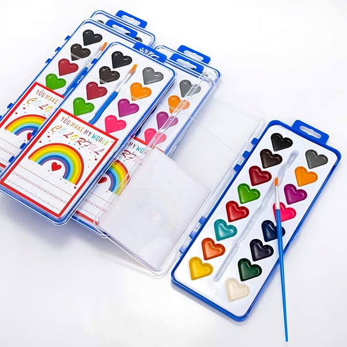 Valentines Day Gifts for Kids, 24 Pack Watercolor Paint Set with Paintbrush for Kids, Prizes Exchange Gifts Valentines Party Favors for Preschool Classroom School