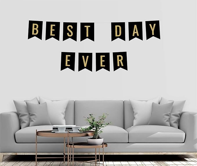 Andaz Press Faux Gold Glitter on Black Wedding Party Banner Decorations, Best Day Ever, Approx 5-Feet, 1-Set, Colored Hanging Pennant Decor