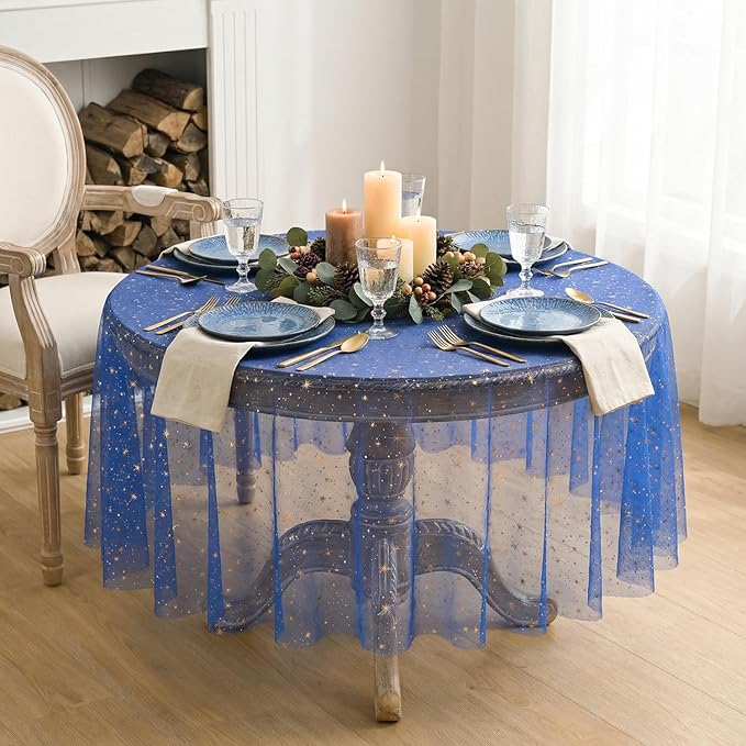 Horaldaily Royal Blue Gold Sparkling Star Gauze Tablecloth 60x60 Inch Round, Golden Star Sequin Glitter Metallic Foil, Sheer Tulle Cheesecloth for Wedding Baby Shower Party