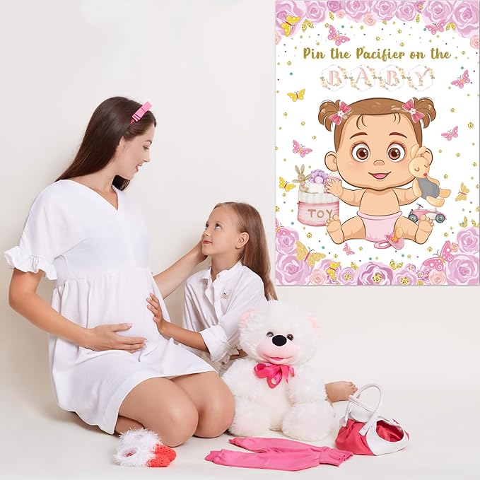 Pin The Pacifier On The Baby Game, Pink Baby Shower Decoration Pin Pacifier on Baby Poster Butterfly Theme Decor with 48 Pacifier Stickers Game for Baby Shower Party Birthday Party Supplies