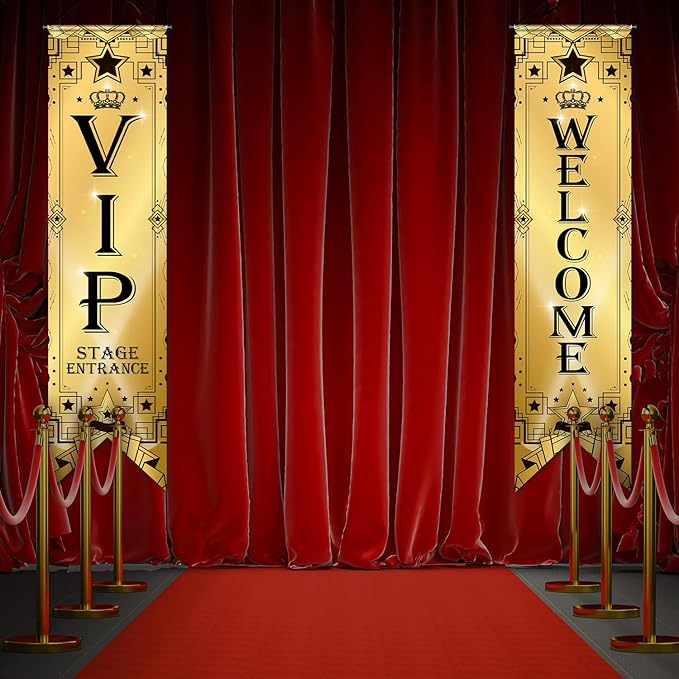 Blulu VIP Party Decorations Roaring 20s Movie Night Banner VIP Porch Sign Movie Theater Now Showing Hanging Porch Sign 1920s Party Supplies(Gold)