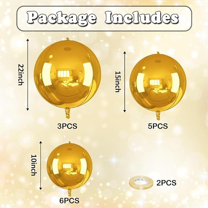 14 Pcs Gold Round Foil Balloons 22/15/10 4D Ball Balloons Metallic Golden Balloon Ornament Mylar Balloon Chrome for Graduation Birthday Wedding Anniversary New Year Disco Party Decorations