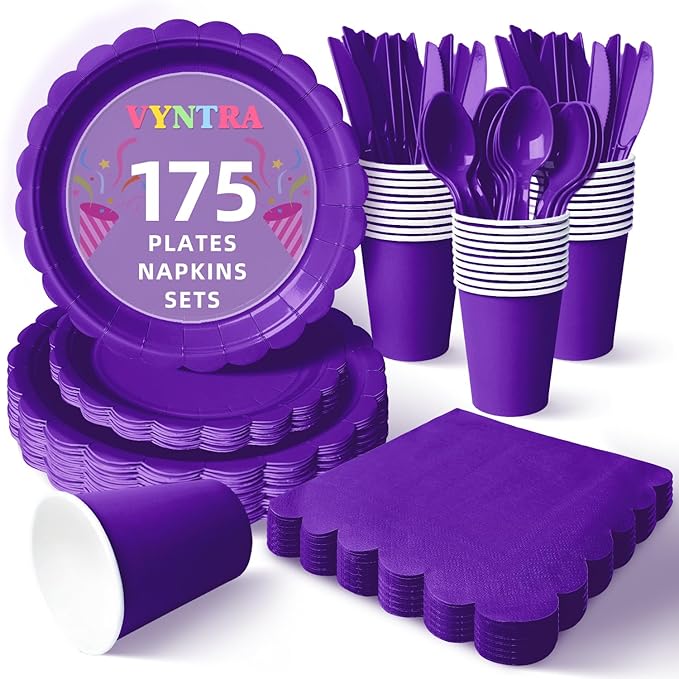 Vyntra 175 Pcs Deep Purple Disposable Paper Plates and Napkins Set for 25, 9" Dinner Plates & 7" Dessert Plates, Tableware for Birthday, Graduation, Party